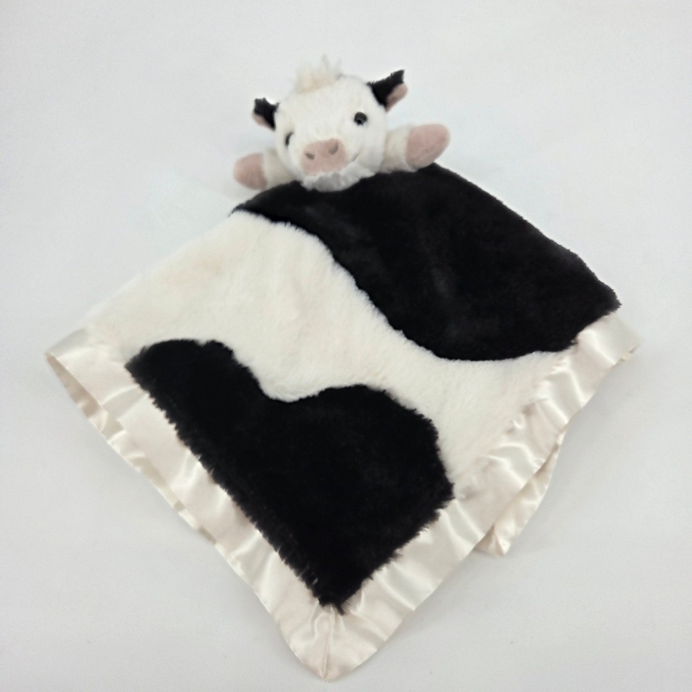 Hallmark Baby Cow Security Blanket Lovey Black White Spotted Faux Fur Satin Trim